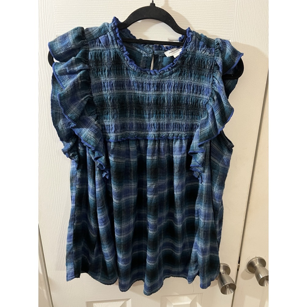 Beachlunchlounge Adult Shirt XL Blue Lori Plaid Flutter Sleeve Babydoll Women's
